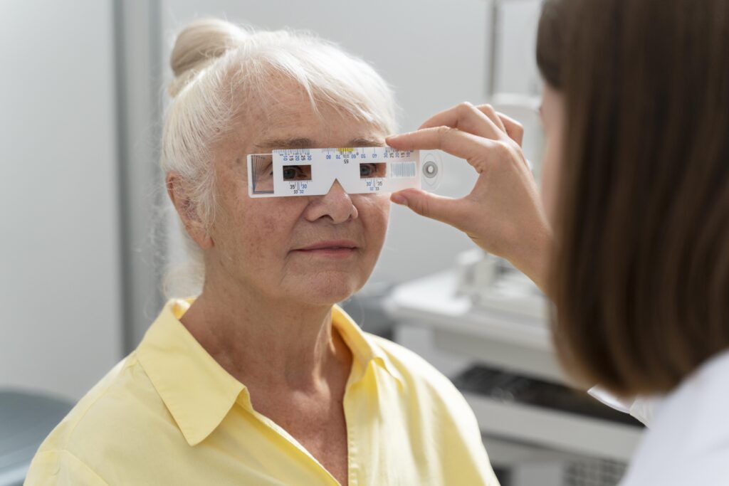 old woman having eye sight check ophthalmology clinic