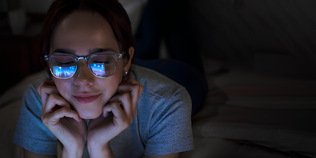 woman looking at laptop at night